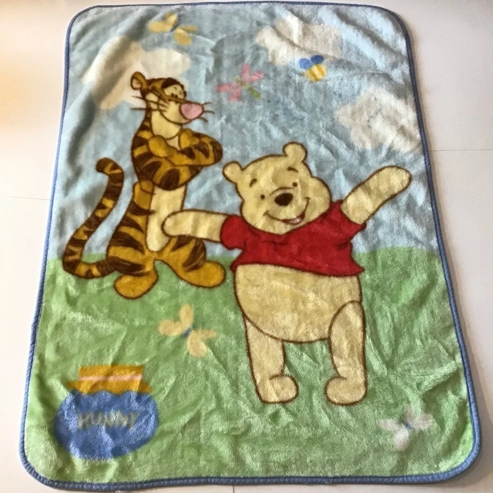 VTG Disney Winnie Pooh Tigger Baby Blanket Fleece Y2K Blue Green Honey Nursery